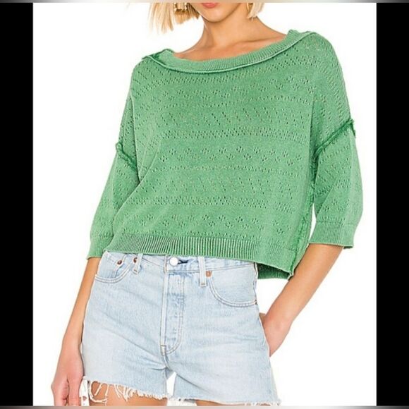 Free People Knit Pointelle Sand Castle Cropped Sweater - Picture 1 of 8